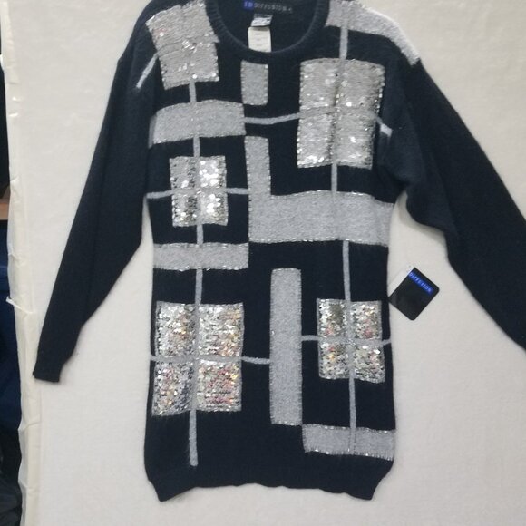 IB Diffusion Womens M Black Silvers Silk Sweater Sequins Beaded Front NWT Vntg‎ - Picture 3 of 14